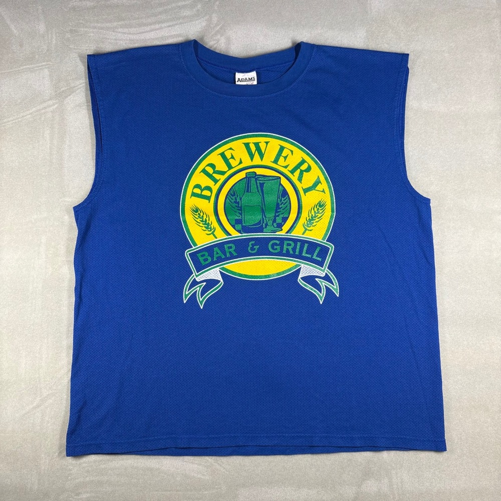 Adams USA Brewery Bar & Grill Mesh Muscle Tee Blue Dude 00 Vintage Y2K 2XL